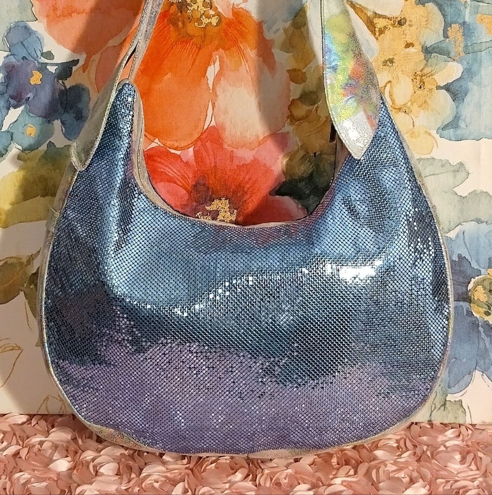 Rare Whiting And Davis Large Metallic Mesh Blue Hobo Bag